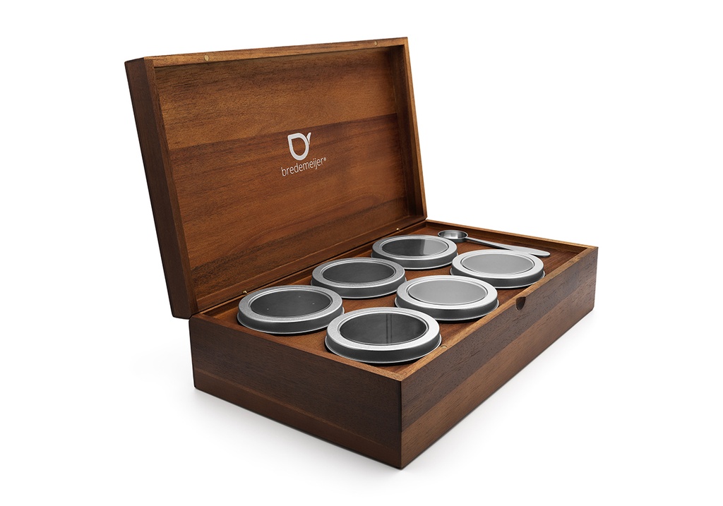 Theedoos met 6 blikjes en lepel (bruin)