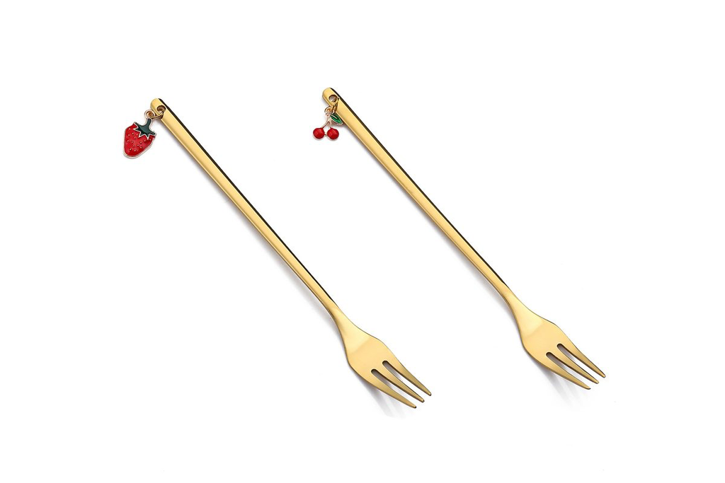 Set van 2 gouden vorkjes kers/aarbei