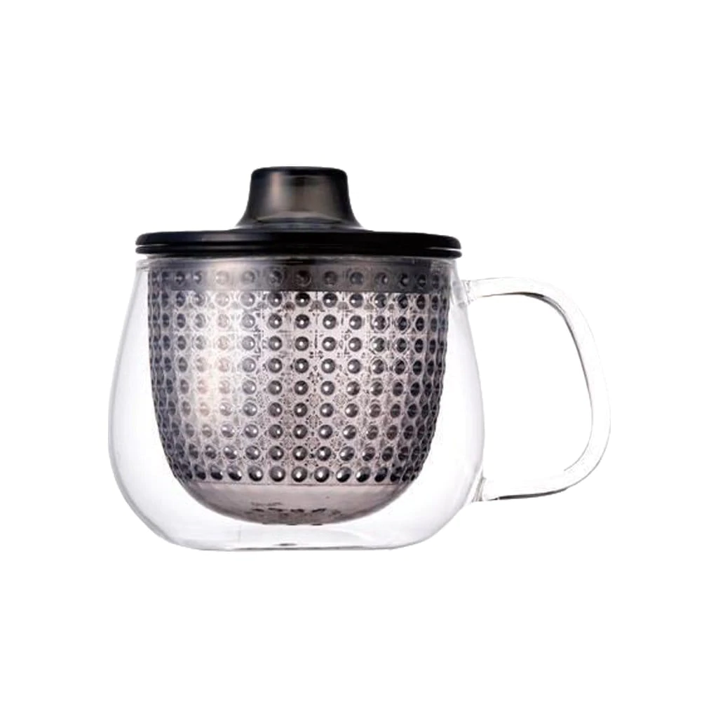 Unimug Grey  transparante glazen theetas met filter .