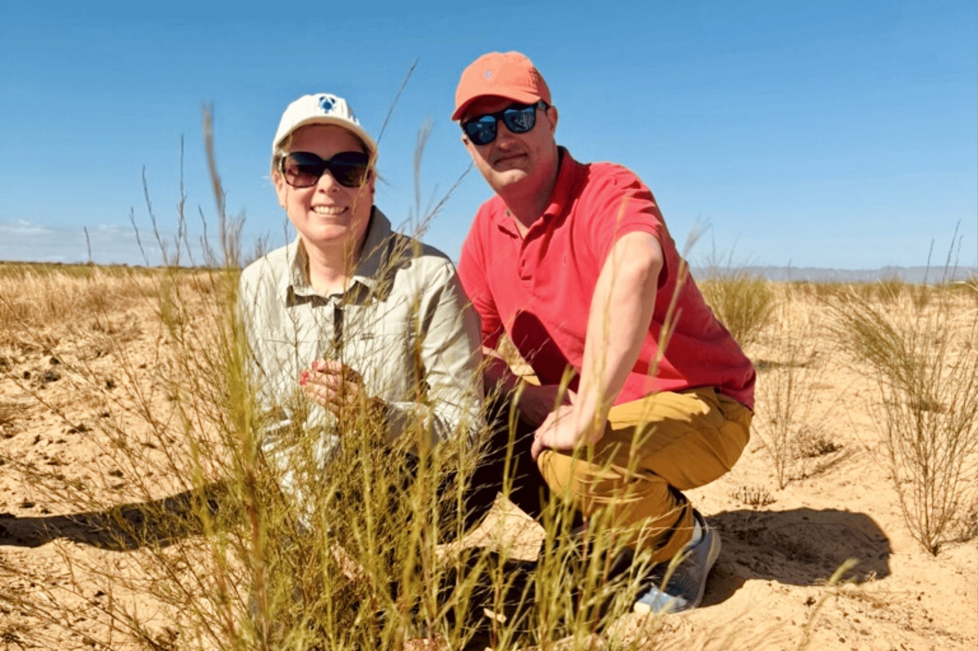 Heleen en Bruno poseren tussen jonge rooibosplanten op een plantage.